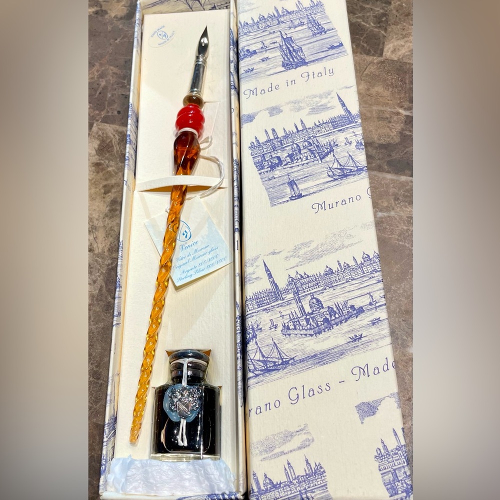 Murano Red and Amber Glass Pen Set, Sterling Silver 800/1000